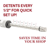 Feature graphic showing the JessEm Wood Sabre II marking gauge's half-inch detents for quick setup