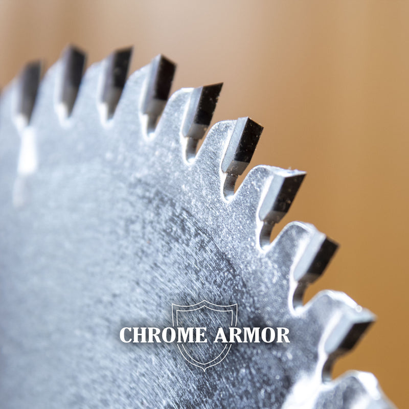 Close-up of a metallic saw blade with 'Chrome Armor' branding on a blurred background