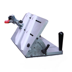 Adjustable woodworking jig with clamping mechanism on metal base for precision cutting