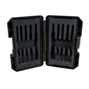 Empty black foam-lined plastic case for wood taps, open to show internal slots.