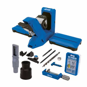 Pocket hole jig kit with drill bits, clamp, screws, and woodworking accessories