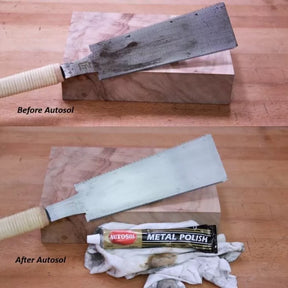 Before and after comparison of a woodworking saw cleaned with metal polish, showing restored blade.