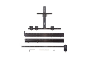 Woodworking jig set with rulers, drill bit, and hardware for precise hole drilling