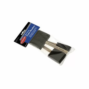Package of three black foam brushes with wooden handles for woodworking and finishing projects