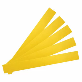Set of five yellow plastic setup blocks for woodworking tools on white background