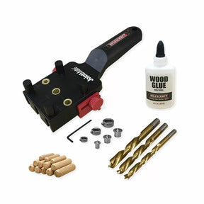 Woodworking dowel jig kit with drill bits, dowel pins, collars, wrench, and wood glue included.