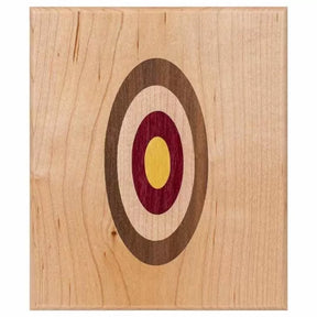 Wood veneer panel with multicolor bullseye inlay, ideal for woodworking projects