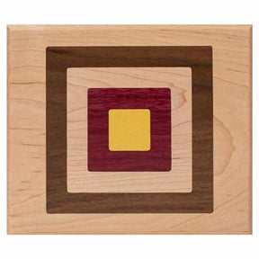 Wooden inlay panel with concentric squares in natural, brown, red, and yellow hardwoods.
