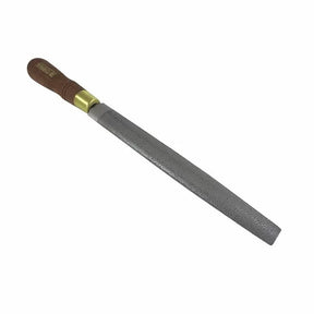 Woodworking rasp file with wooden handle and coarse steel blade for shaping wood