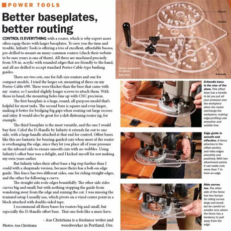 Acrylic router baseplates in round, square, and D-handle shapes with woodworking router in use, demonstrating baseplate features and woodworking precision.