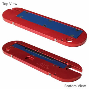 Red aluminum table saw zero clearance insert top and bottom view with blue plate