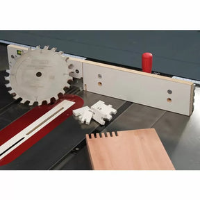 Table saw with dado blade set and finger joint jig for woodworking joinery
