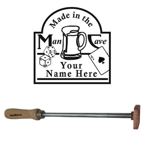 Personalized wood branding iron with 'Man Cave' design, dice, beer mug, and playing card graphic.