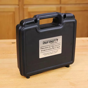 Black carrying case for premium quality Forstner bit set on a wooden workbench