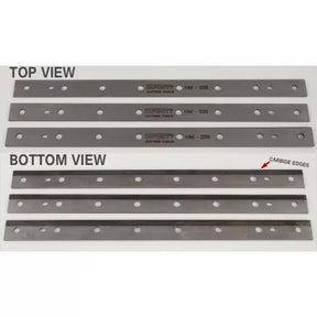 Set of four carbide jointer planer blades with mounting holes, shown in top and bottom view.