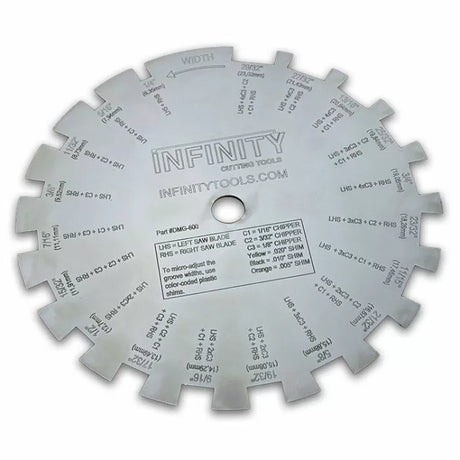 Dado blade guide chart for woodworking table saw, featuring labeled blade setup combinations.