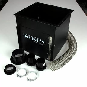 Woodworking dust collection box with fittings, hose, and clamps on white background