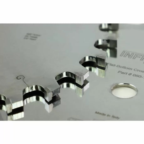 Close-up of a flat-top carbide saw blade for woodworking with sharp precision teeth
