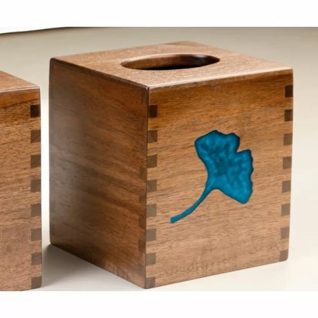 Handcrafted wooden tissue box with dovetail joints and blue resin leaf inlay