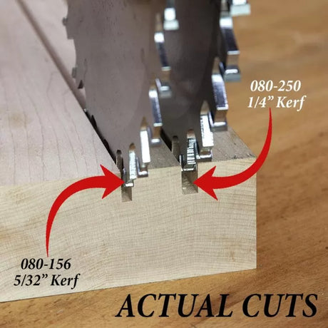 Woodworking dado saw blades cutting flat-bottom grooves with labeled kerf sizes on wood.