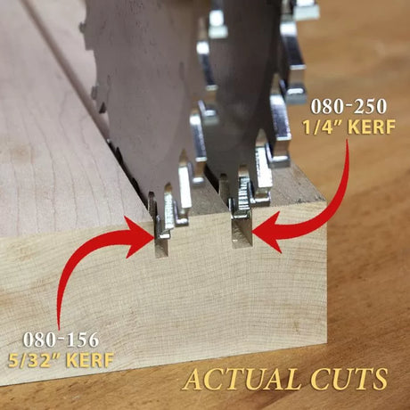 Flat top dado saw blades making precise kerf cuts in wood, labeled 5/32 and 1/4 inch.