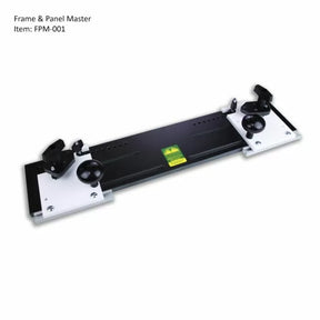 Woodworking frame and panel jig with adjustable knobs on a black and white base