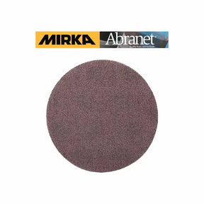 Round mesh sanding disc for woodworking, labeled Mirka Abranet, on white background