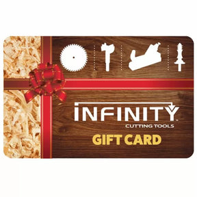 Woodworking gift card with saw blade, hammer, hand plane icons, wood shavings, and red ribbon