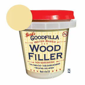 Ash wood filler 8 oz tub with red lid and sample color swatch, water-based, non-shrinking