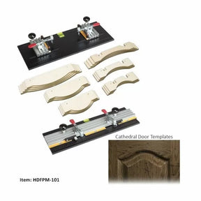 Cathedral door template set with routing jigs and wooden templates for woodworking projects.