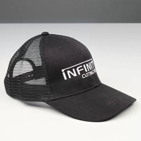Black mesh trucker hat with embroidered Infinity Cutting Tools logo on front panel