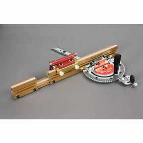 Precision woodworking miter gauge with adjustable fence and measurement scales on gray surface
