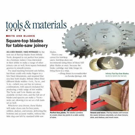 Infinity flat-top saw blades for table saws, ideal for joinery and precise woodworking cuts.