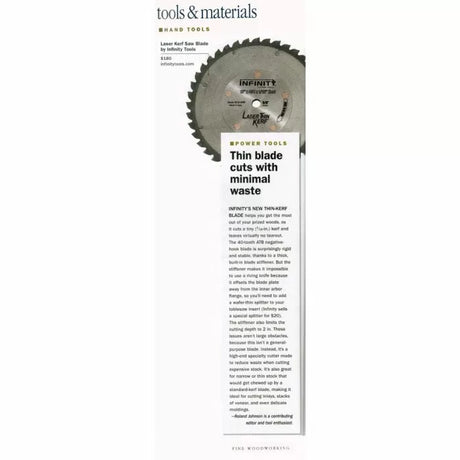 Laser kerf saw blade for woodworking, featured in Fine Woodworking magazine, highlighted for precise, minimal waste cuts.