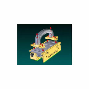Yellow woodworking push block with ergonomic handle for table saw and router safety.
