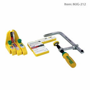 Yellow woodworking jig set with clamping tool and measuring guides on white background