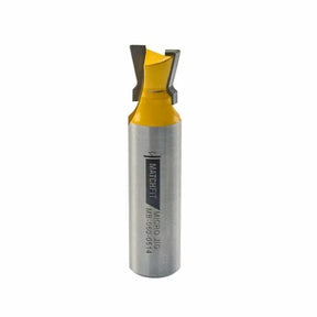 Dovetail router bit with yellow tip and steel shank for woodworking joinery