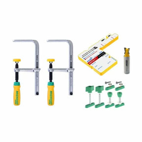 Woodworking clamp set, router bit, jig accessories, and setup gauge on white background