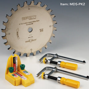 Woodworking saw blade, two clamps, and yellow positioning jig for precision cutting