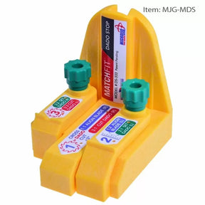 Yellow dado stop jig for woodworking with labeled guides and green adjustment knobs