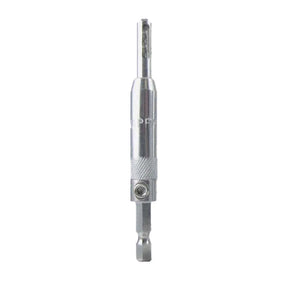 Self-centering drill bit for woodworking, silver metal, isolated on white background