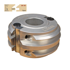 Aluminum ogee profile shaper cutter head for woodworking with diagram and part number.