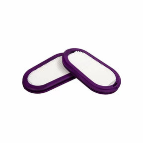Pair of oval woodworking dust collector filters with purple trim on white background
