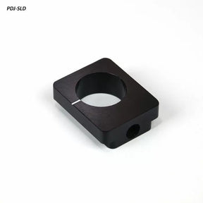 Black anodized aluminum stop block for woodworking tools on white background