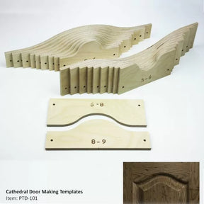 Cathedral door making templates set for woodworking, shown in stacked and individual views.