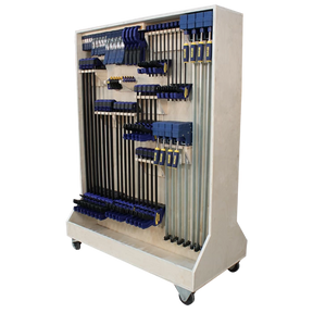 Woodworking clamp rack on wheels holding assorted bar and pipe clamps
