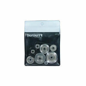 Set of metal router bit bearings in clear plastic pouch for woodworking tools