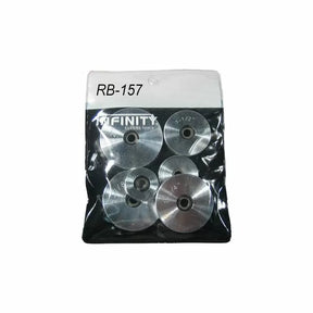 Set of five metal router bit bearings in plastic packaging labeled RB-157, woodworking accessory.
