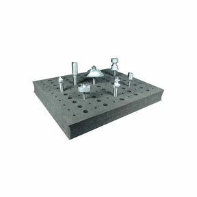 Router bits organized in foam storage tray for woodworking tool organization