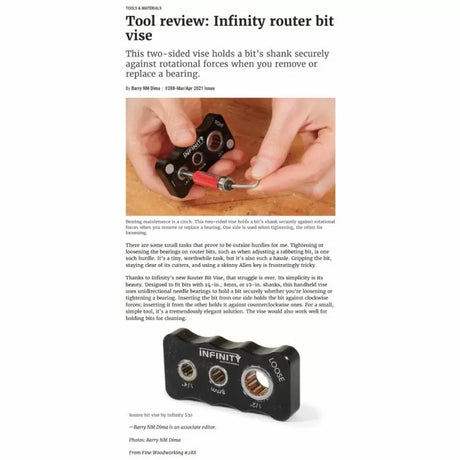 Hands using an Infinity router bit vise to hold a router bit on a workbench with tool text review.